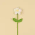 Macro detail of a handmade white crochet puff flower with green leaves and stem - Large Puff Flower (Double Leaf) / White