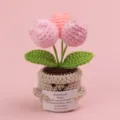 Detailed view of handmade crochet Emotional Plant with an encouraging message card - Tulip / Medium Smile Pot (Beige) / Gradient Pink