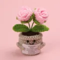 Close-up of handmade crochet rose potted plant with emotional support message card - 2-Head Bubble Rose / Medium Smile Pot (Beige) / Pink