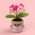 Hand-crocheted emotional potted plant with encouraging message on pink background - Forget-me-not / Medium Smile Pot (Beige) / Gradient Pink