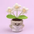 Detail view of a handmade crochet emotional plant featuring a motivational message card - 3-Head Puff Flower / Medium Smile Pot (Beige) / White