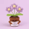 Detailed view of a handmade crochet emotional potted plant holding a motivational quote card - 3-Head Puff Flower / Purple