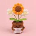 Handmade crocheted sunflower pot ornament featuring inspirational emotional plant card. - Sunflower & Double Puff Flower / White