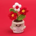 Handmade crochet emotional potted plant holding a card with inspirational message - New 3-Head Puff Flower / Medium Smile Pot (Beige) / Gradient Red