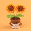 Detailed view of handmade crochet sunflower pot with encouraging emotional plant card. - 2-Head Little Sun / Bright yellow