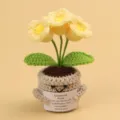 Handmade yellow crochet flowers in a cute pot with an inspirational card detail - 3-Headed Lily Of The Valley / Medium Smile Pot (Beige) / Yellow