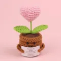 Detailed view of crocheted heart plant in a pot holding an inspirational card. - Heart Shape / Medium Smile Pot (Brown) / Pink