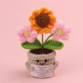 Close-up of handmade crochet emotional sunflower plant with encouraging message card - Sunflower + Double Puff Flowers / Medium Smile Pot (Beige) / Pink