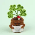 Hand-knitted crochet clover emotional plant desk ornament with mushroom and message card. - Four-Leaf Clover / Green