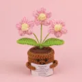 Handmade crochet potted pink flowers ornament with emotional quote card for desk decor - 3-Head Puff Flower / Pink