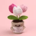 Handmade crochet emotional support tulip potted plant with an encouraging English message card - Tulip / Medium Smile Pot (Beige) / Gradient Rose Red