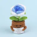Handmade blue and white crochet flower in a brown pot with motivational card decor - Rose / Gradient Blue