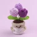 Handmade crochet emotional plant featuring purple flowers and motivational card note - Tulip / Medium Smile Pot (Beige) / Gradient Purple