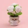 Handmade crochet emotional plant with white flowers and motivational label in pink - Bubble Rose / Medium Smile Pot (Beige) / White