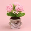 Handmade crochet emotional plant with pink roses and an inspirational message card - Bubble Rose / Medium Smile Pot (Beige) / Pink