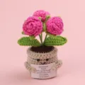 Handmade crocheted pink flower potted plant with motivational Emotional Plant card gift. - 3-Head Bubble Rose / Medium Smile Pot (Beige) / Rose Red