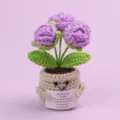 Handmade crochet emotional plant pot featuring purple flowers and an inspirational card - 3-Head Bubble Rose / Medium Smile Pot (Beige) / Purple