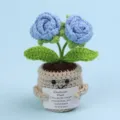 Handmade crochet emotional plant potted blue rose with inspirational message card - 2-Head Bubble Rose / Medium Smile Pot (Beige) / Blue