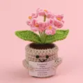 Handmade crochet emotional plant with pink flowers and a sweet motivational card. - Forget-me-not / Medium Smile Pot (Beige) / Pink