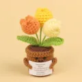 Handmade crochet tulip flower potted plant with cute motivational quote card ornament - 3-Head Tulip / Gradient Yellow