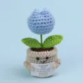 Handmade blue crochet emotional potted plant with motivational message card gift - Tulip / Medium Smile Pot (Beige) / Blue