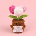 Handmade crochet tulip potted plant with pink and white flowers holding an emotional support card - 3-Head Tulip / Gradient Rose Red