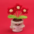 Handmade crochet emotional plant in pot with encouraging motivational message card - 3-Head Puff Flower / Medium Smile Pot (Beige) / Red