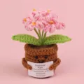 Hand-knitted crochet pink flower potted plant with an inspirational message card - Forget-me-not / Pink