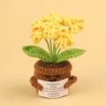 Handmade yellow crocheted flower pot with emotional support sign for desktop decor - Forget-me-not / Yellow