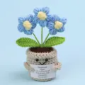 Handmade blue crochet emotional potted plant with a motivational life quote card - 3-Head Puff Flower / Medium Smile Pot (Beige) / Blue