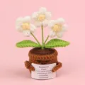 Handmade crochet white flower pot ornament with inspirational emotional message card - 3-Head Puff Flower / White