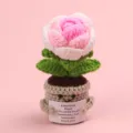 Handmade pink and white crocheted rose emotional plant in a grey pot with an encouraging card - Rose / Medium Smile Pot (Beige) / Gradient Bright Pink