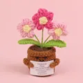 Cute handmade crochet emotional potted plant ornament with motivational message card - 3-Head Puff Flower / Gradient Pink