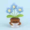 Handmade blue crochet forget-me-not potted plant with emotional support message card - 3-Head Puff Flower / Blue