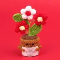 Hand-knitted emotional potted plant with cute red and white crochet flowers and positive card - New 3-Head Puffed Flower / Gradient Red