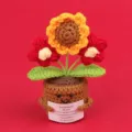 Handmade crocheted potted sunflower ornament with emotional motivational message card - Sunflower & Double Puff Flower / Red