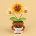 Handmade knitted sunflower potted plant featuring a cute emotional support card - Sunflower & Double Puff Flower / Yellow