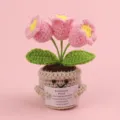 Handmade crochet emotional tulip plant with a motivational tag in a cute smiley pot - 3-Headed Lily Of The Valley / Medium Smile Pot (Beige) / Pink