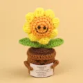 Hand-knitted sunflower potted plant ornament featuring a cute smiley face and inspirational card - 4-Circle Sunflower Smile Face / Yellow