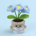 Handmade blue crocheted emotional support potted plant with a motivational card - 3-Headed Lily Of The Valley / Medium Smile Pot (Beige) / Blue
