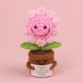 Cute handmade pink crocheted flower in a pot with inspirational emotional message card - 5-Circle Flower Smile Face / Pink