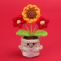 Handmade crochet emotional potted plant with motivational sunflower message - Sunflower + Double Puff Flowers / Medium Smile Pot (Beige) / Red