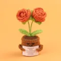 Cute handmade knitted orange rose emotional support potted plant for desk decoration and gift - 2-Head Bubble Rose / Orange