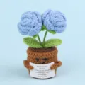 Handmade blue crochet rose potted plant ornament with emotional support card - 2-Head Bubble Rose / Blue