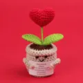 Handmade crochet emotional plant with red heart flower and motivational English card - Heart / Medium Smile Pot (Beige) / Red
