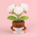 Handmade crochet white rose potted plant with emotional support sign table ornament - 3-Head Bubble Rose / White
