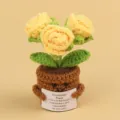 Handmade yellow crochet rose plant in pot with emotional support encouraging card - 3-Head Bubble Rose / Yellow