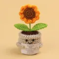 Handmade crocheted sunflower emotional plant toy with a small motivational message card - Little Sun / Medium Smile Pot (Beige) / Orange