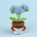 Cute handmade crochet potted plant with emotional support quote card for desktop decor - 3-Head Bubble Rose / Medium Smile Pot (Brown) / Blue
