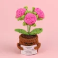 Handmade crochet pink flower pot with emotional support quote card - 3-Head Bubble Rose / Medium Smile Pot (Brown) / Rose Red